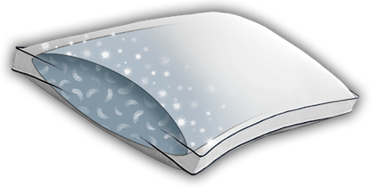 Image d'une oreiller en duvet blanche et nous voyons le duvet à l'intérieur